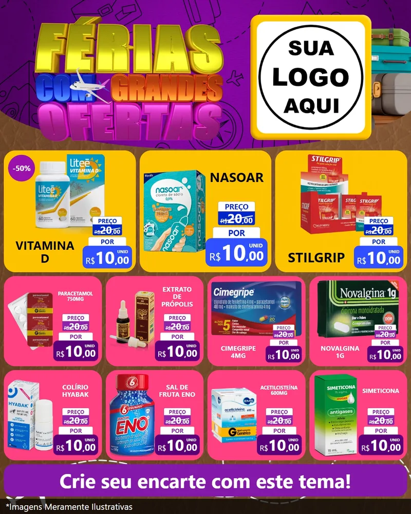Modelo de Rede Social para Feed Instagram com o tema Férias com Grandes Ofertas para Farmácia
