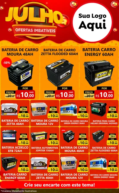 Modelo de Encarte para Encarte Grande com o tema Julho Ofertas Imbatíveis para Baterias Elétricas