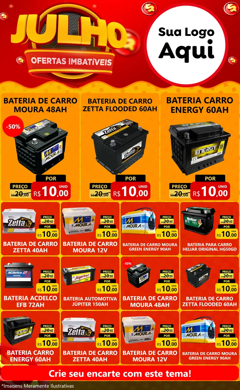 Modelo de Encarte para Encarte Grande com o tema Julho Ofertas Imbatíveis para Baterias Elétricas