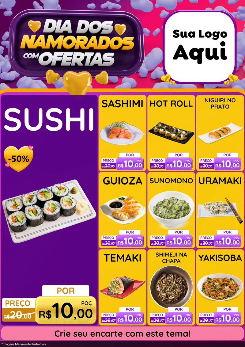 Modelo de Encarte para Encarte A4 Vertical com o tema Dia Dos Namorados Com Ofertas para Comida japonesa
