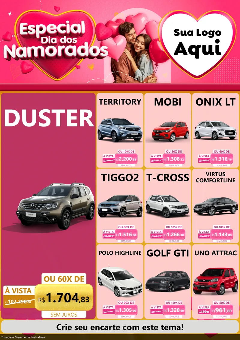 Modelo de Encarte para Encarte A4 Vertical com o tema Especial Dia dos Namorados para Concessionaria de Carros