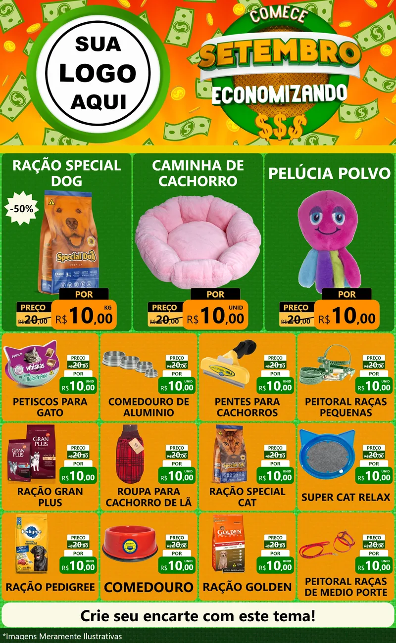 Modelo de Encarte para Encarte Grande com o tema Comece Setembro Economizando para Pet Shop