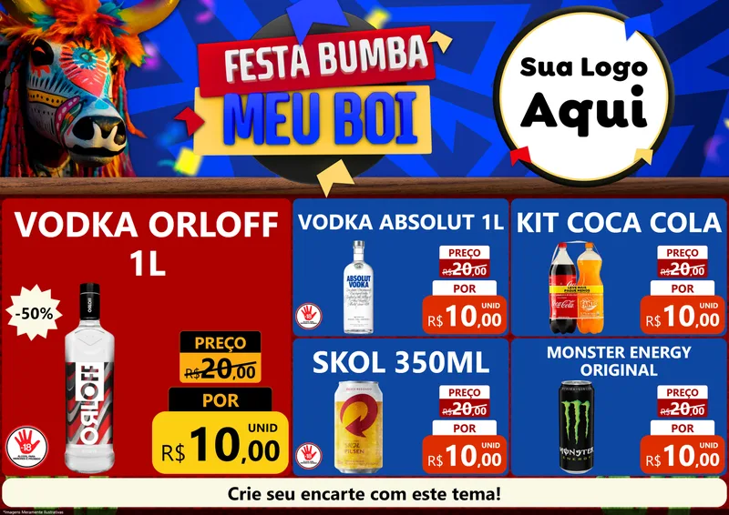 Modelo de Encarte para Encarte A4 Horizontal com o tema Festa Bumba meu Boi para Distribuidora de bebidas