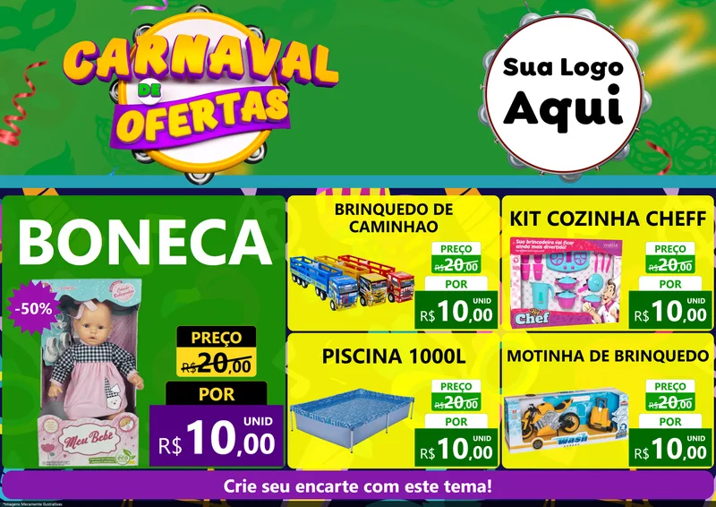 Modelo de Encarte para Encarte A4 Horizontal com o tema Carnaval de Ofertas para Brinquedos