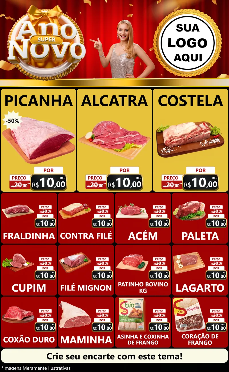 Modelo de Encarte para Encarte Grande com o tema Super Ano Novo para Açougue
