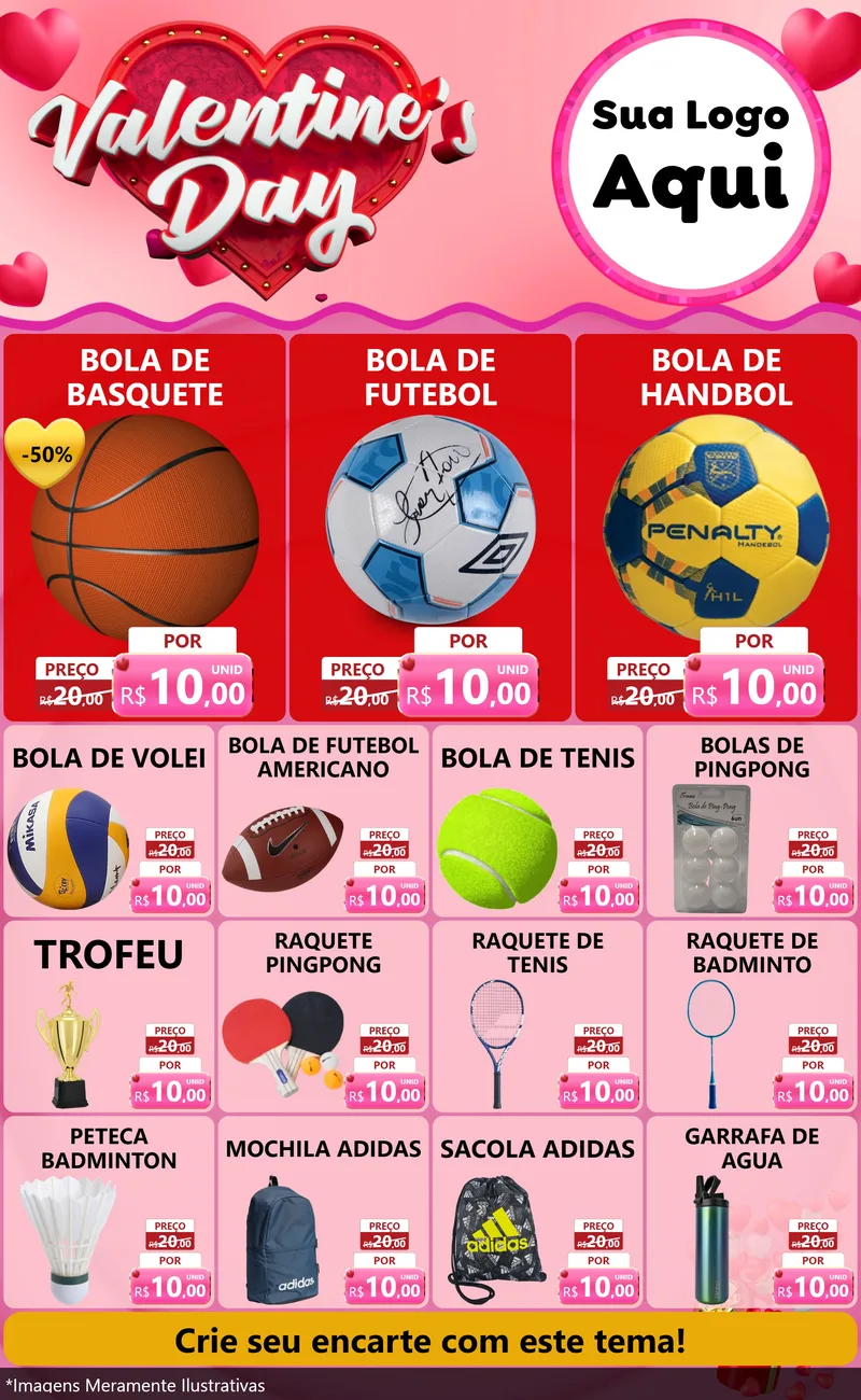 Modelo de Encarte para Encarte Grande com o tema Valentine's Day para Artigos Esportivos