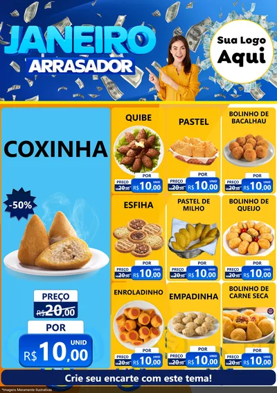 Modelo de Encarte para Encarte A4 Vertical com o tema Janeiro Arrasador para Salgadaria