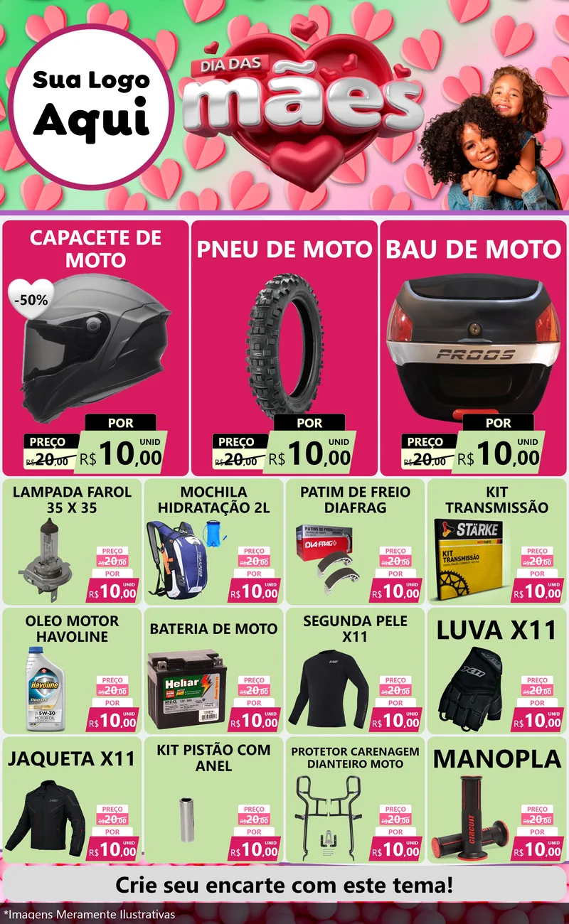 Modelo de Encarte para Encarte Grande com o tema Dia das Mães para Moto peças