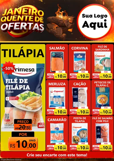 Modelo de Encarte para Encarte A4 Vertical com o tema Janeiro Quente de Ofertas para Peixaria
