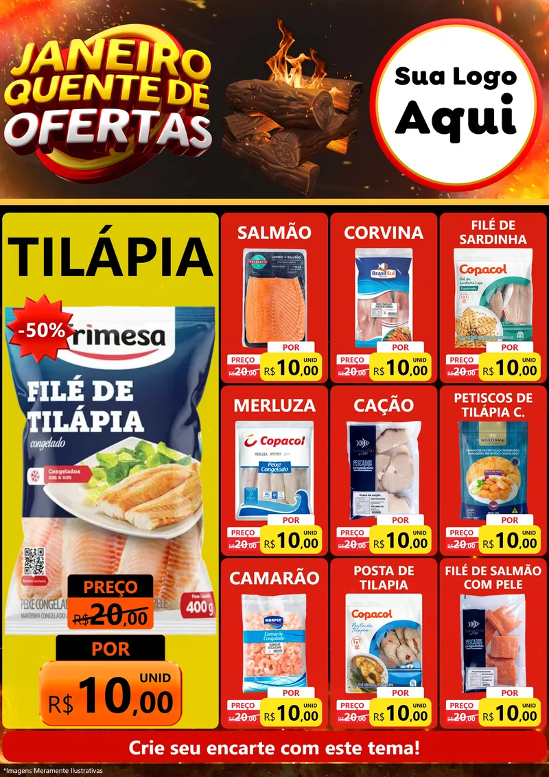 Modelo de Encarte para Encarte A4 Vertical com o tema Janeiro Quente de Ofertas para Peixaria