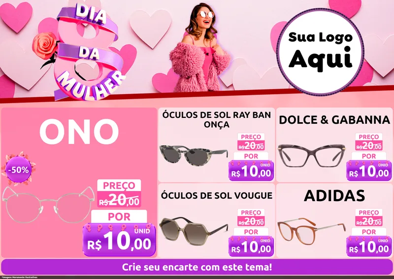 Modelo de Encarte para Encarte A4 Horizontal com o tema Dia da Mulher para Óticas