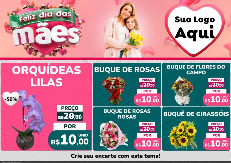 Modelo de Encarte para Encarte A4 Horizontal com o tema Feliz Dia das Mães para Floricultura e jardim