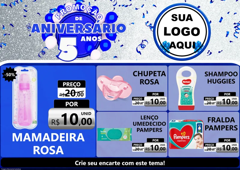Modelo de Encarte para Encarte A4 Horizontal com o tema Promoção de Aniversário - 5 Anos para Bebês