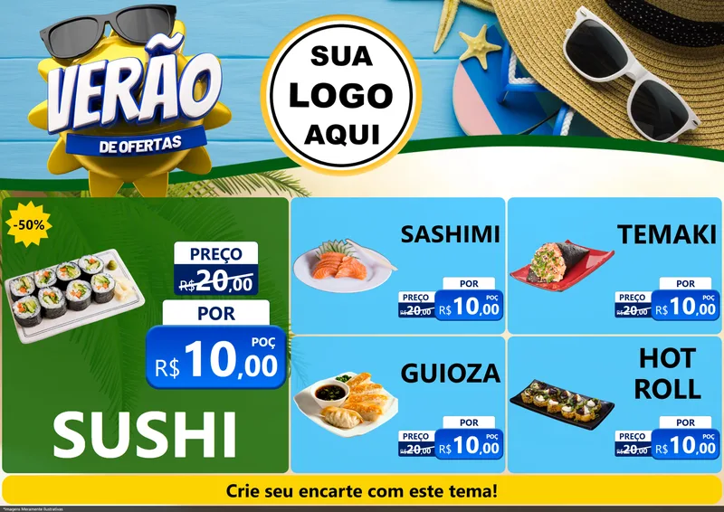 Modelo de Encarte para Encarte A4 Horizontal com o tema Verão de Ofertas para Comida japonesa