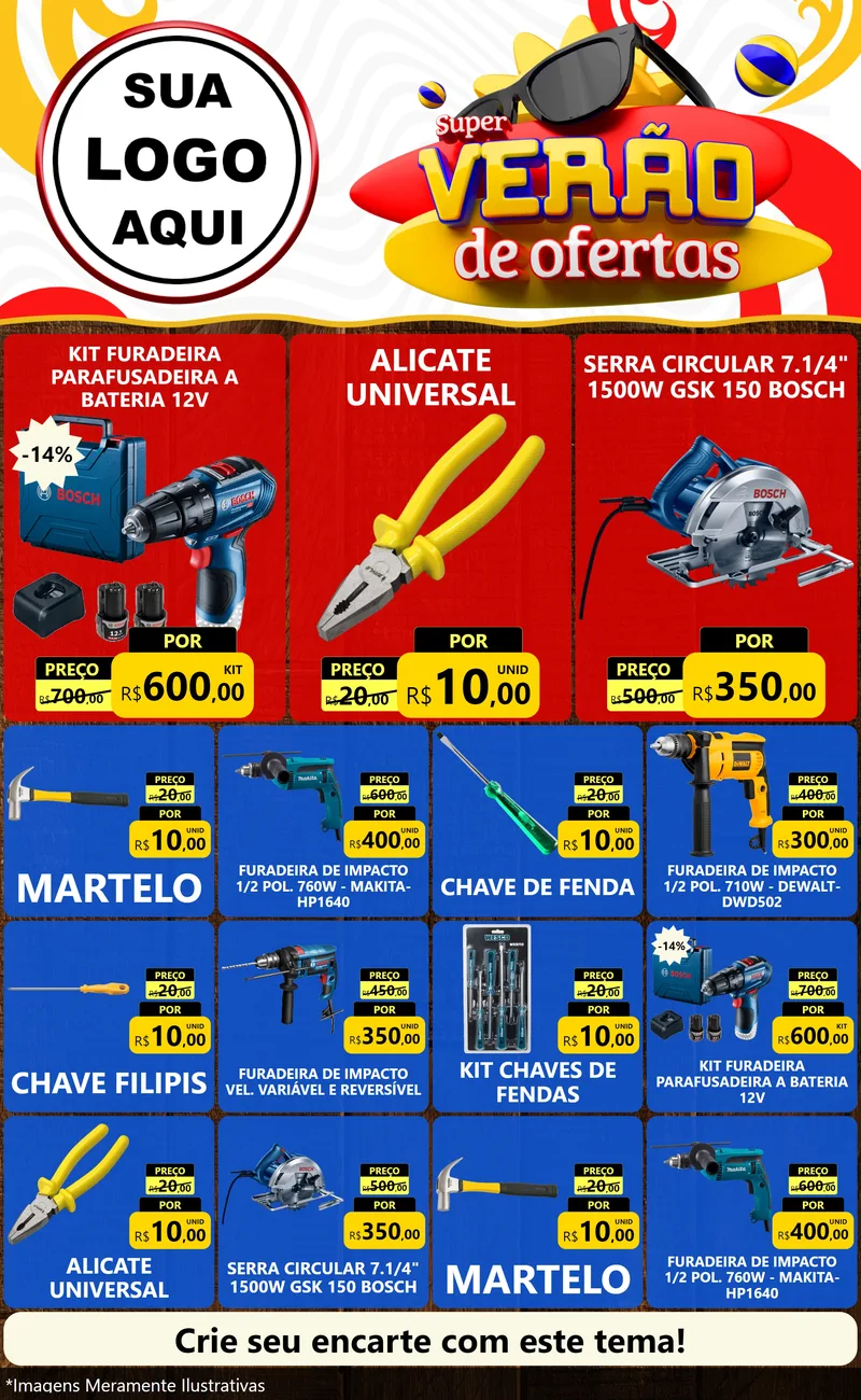 Modelo de Encarte para Encarte Grande com o tema Super Verão de Ofertas para Maquinas e Ferramentas