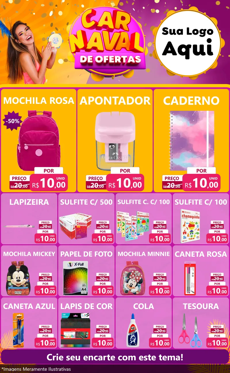 Modelo de Encarte para Encarte Grande com o tema Carnaval de Ofertas para Papelaria