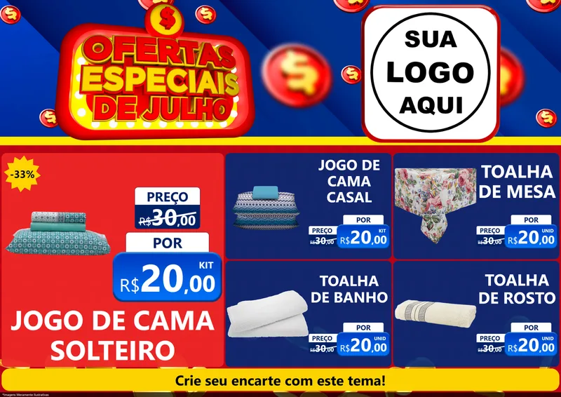 Modelo de Encarte para Encarte A4 Horizontal com o tema Ofertas Especiais de Julho para Cama, Mesa e Banho