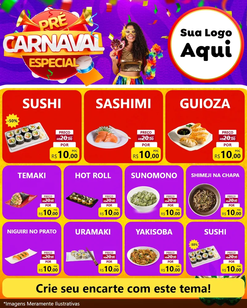 Modelo de Rede Social para Feed Instagram com o tema Pré-Carnaval Especial para Comida japonesa