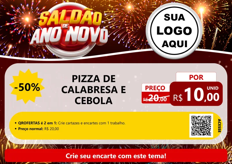 Modelo de Cartaz para Cartaz A4 Horizontal com o tema Saldão de Ano Novo para Pizzaria