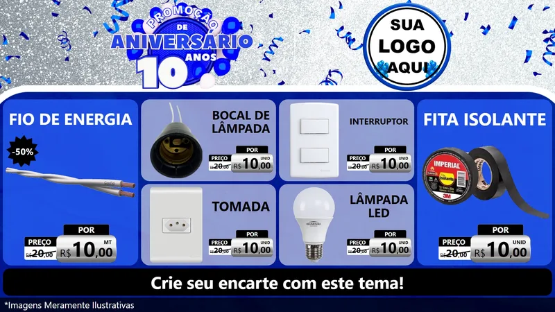 Modelo de TV para TV Horizontal com o tema Promoção de Aniversário - 10 Anos para Materiais Elétricos