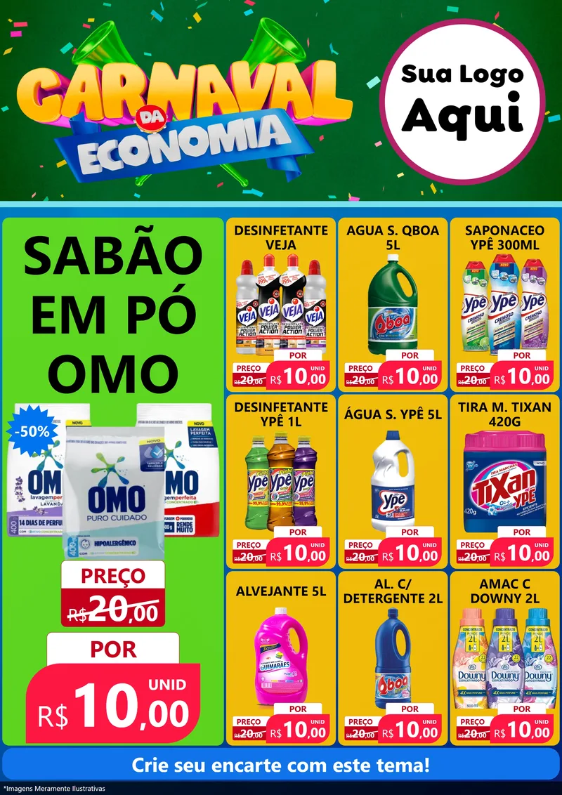 Modelo de Encarte para Encarte A4 Vertical com o tema Carnaval da Economia para Produtos de Limpeza