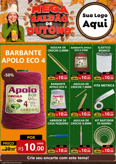 Modelo de Encarte para Encarte A4 Vertical com o tema Mega Saldão de Outono para Armarinho e Aviamentos