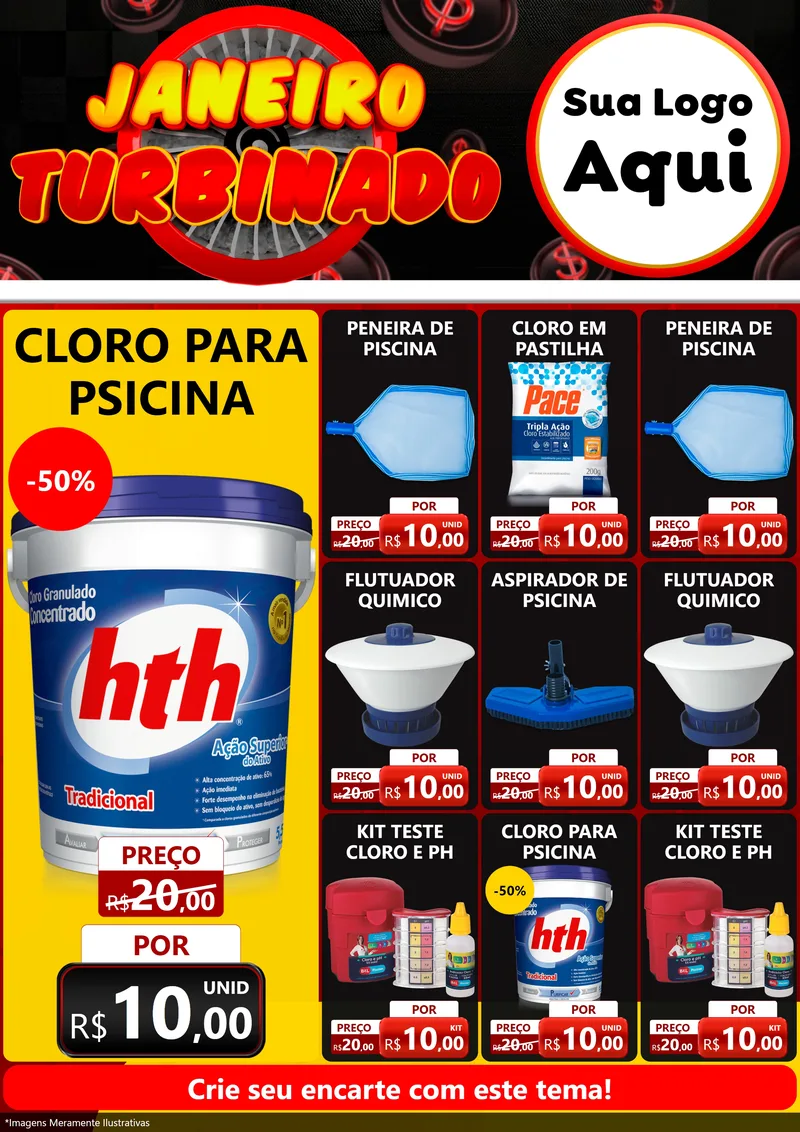 Modelo de Encarte para Encarte A4 Vertical com o tema Janeiro Turbinado para Produtos para Piscina