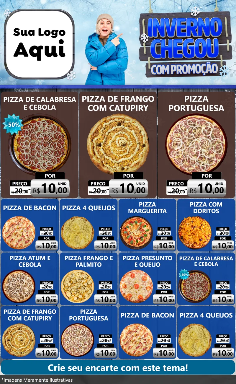 Modelo de Encarte para Encarte Grande com o tema Inverno Chegou Com Promoção para Pizzaria