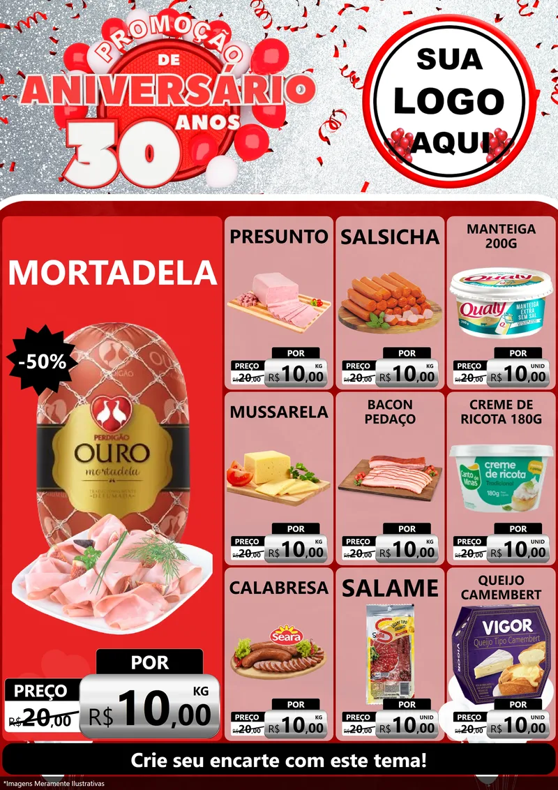 Modelo de Encarte para Encarte A4 Vertical com o tema Promoção de Aniversário - 30 Anos para Frios e Laticínios