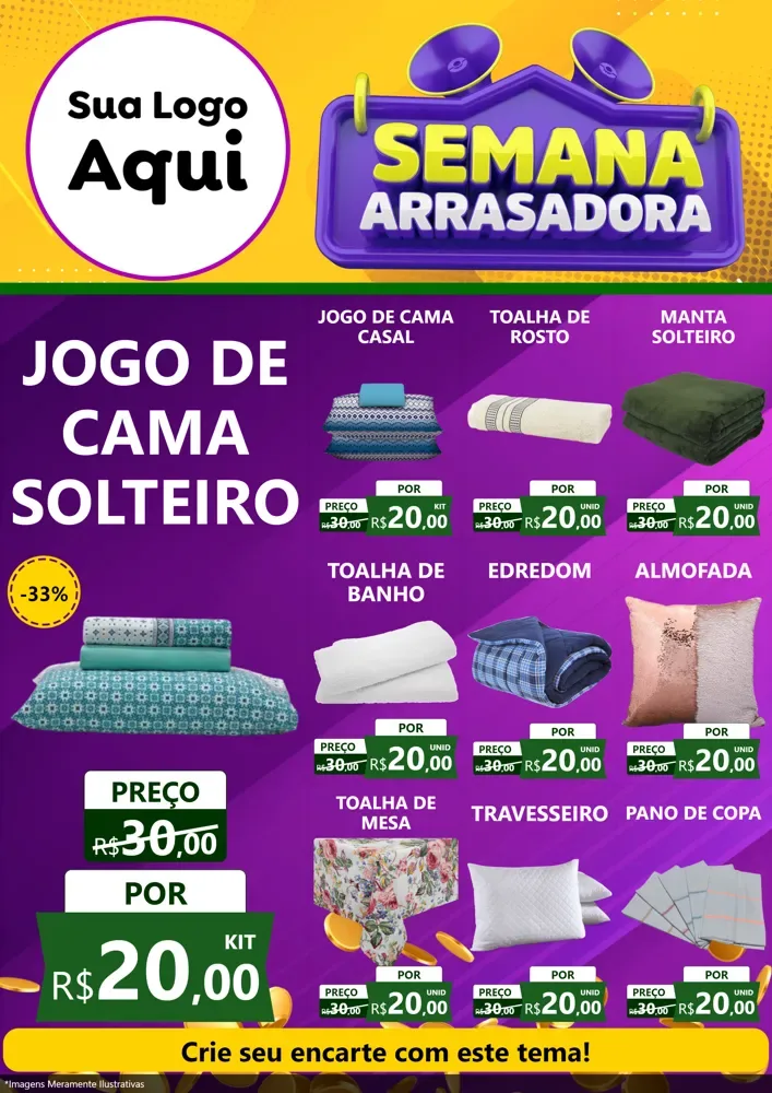 Modelo de Encarte para Encarte A4 Vertical com o tema Semana Arrasadora para Cama, Mesa e Banho