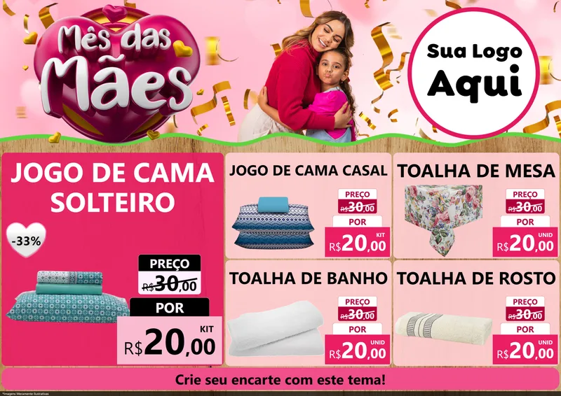 Modelo de Encarte para Encarte A4 Horizontal com o tema Mês das Mães para Cama, Mesa e Banho