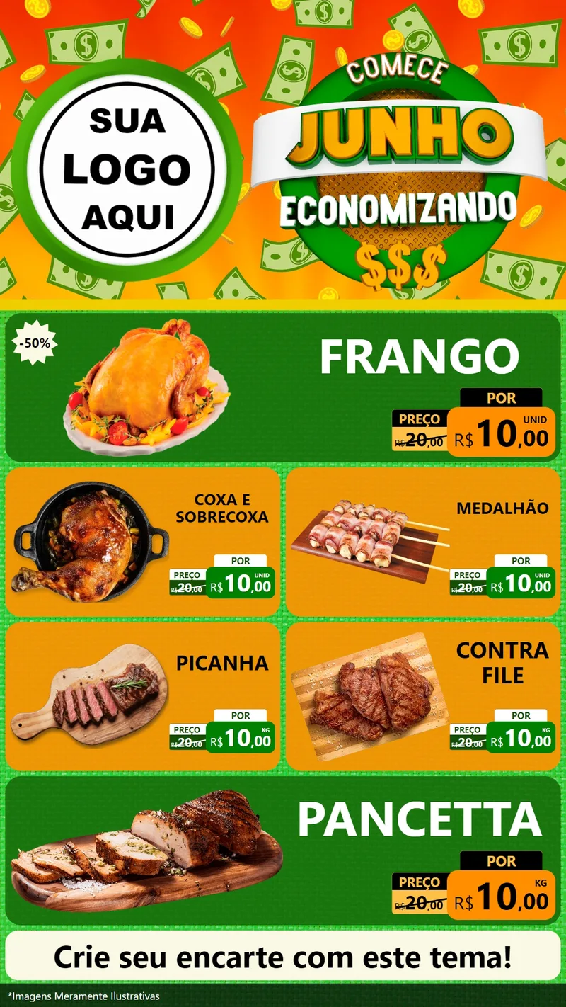 Modelo de TV para TV Vertical com o tema Comece Junho Economizando para Assados