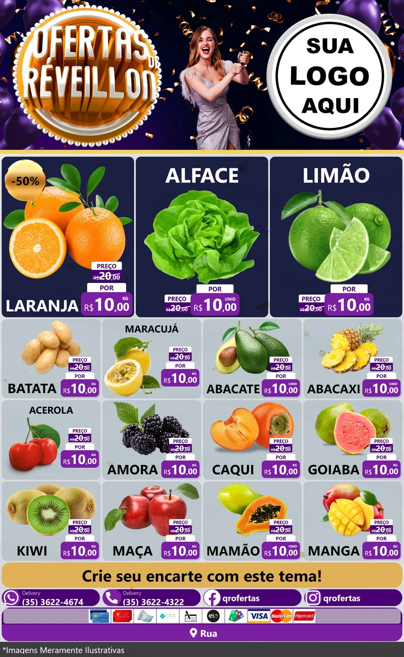 Modelo de Encarte para Encarte Grande com o tema Ofertas de Réveillon para Hortifrúti