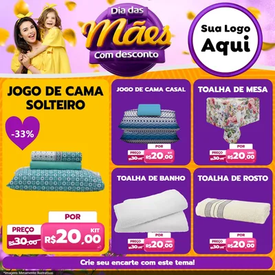 Modelo de Rede Social para Feed Facebook com o tema Dia das Mães com Desconto para Cama, Mesa e Banho
