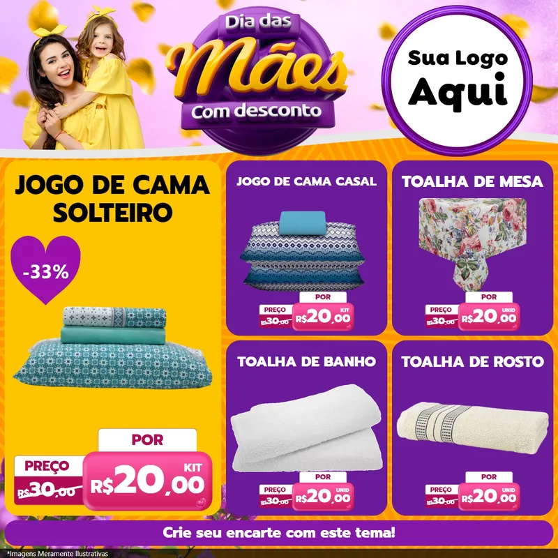 Modelo de Rede Social para Feed Facebook com o tema Dia das Mães com Desconto para Cama, Mesa e Banho