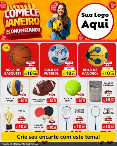 Modelo de Rede Social para Feed Instagram com o tema Comece Janeiro Economizando para Artigos Esportivos