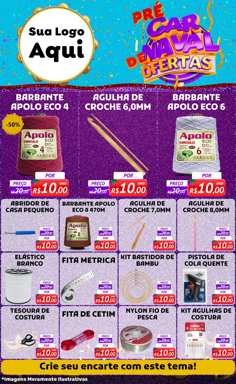 Modelo de Encarte para Encarte Grande com o tema Pré Carnaval de Ofertas para Armarinho e Aviamentos