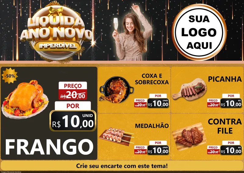 Modelo de Encarte para Encarte A4 Horizontal com o tema Liquida Ano Novo Imperdível para Assados