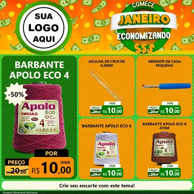 Modelo de Rede Social para Feed Facebook com o tema Comece Janeiro Economizando para Armarinho e Aviamentos