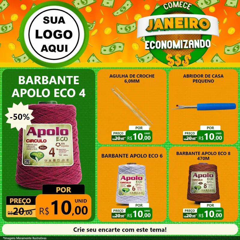Modelo de Rede Social para Feed Facebook com o tema Comece Janeiro Economizando para Armarinho e Aviamentos