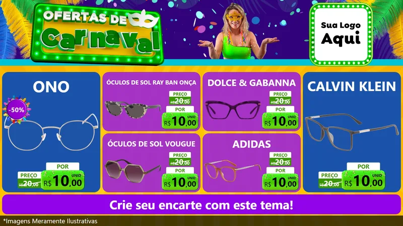 Modelo de TV para TV Horizontal com o tema Ofertas de Carnaval para Óticas