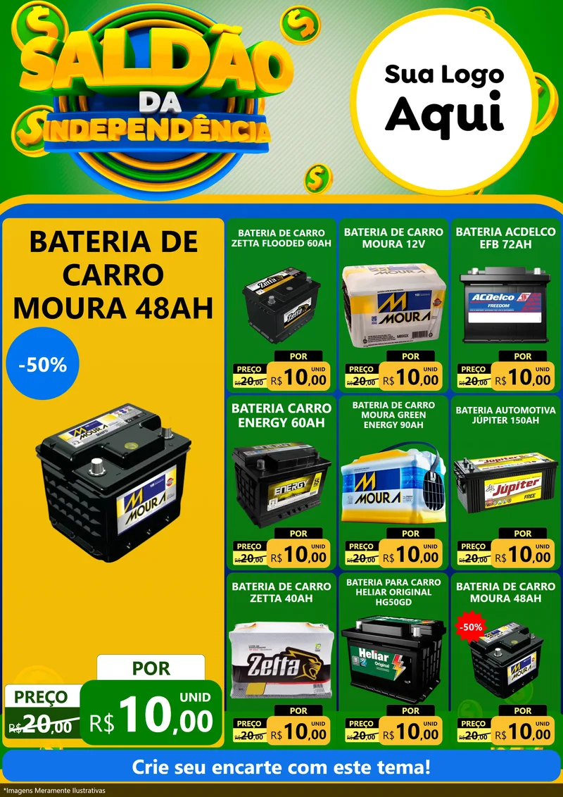 Modelo de Encarte para Encarte A4 Vertical com o tema Saldão da Indepêndencia para Baterias Elétricas