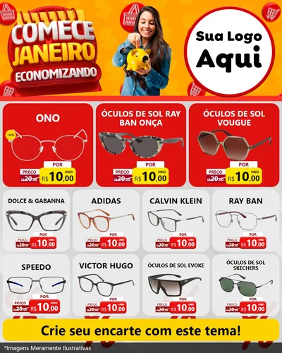 Modelo de Rede Social para Feed Instagram com o tema Comece Janeiro Economizando para Óticas