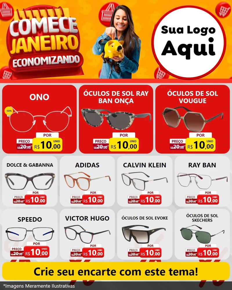 Modelo de Rede Social para Feed Instagram com o tema Comece Janeiro Economizando para Óticas