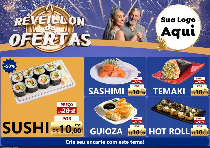 Modelo de Encarte para Encarte A4 Horizontal com o tema Réveillon de Ofertas para Comida japonesa