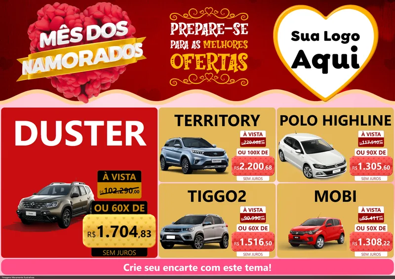 Modelo de Encarte para Encarte A4 Horizontal com o tema Mês dos Namorados para Concessionaria de Carros