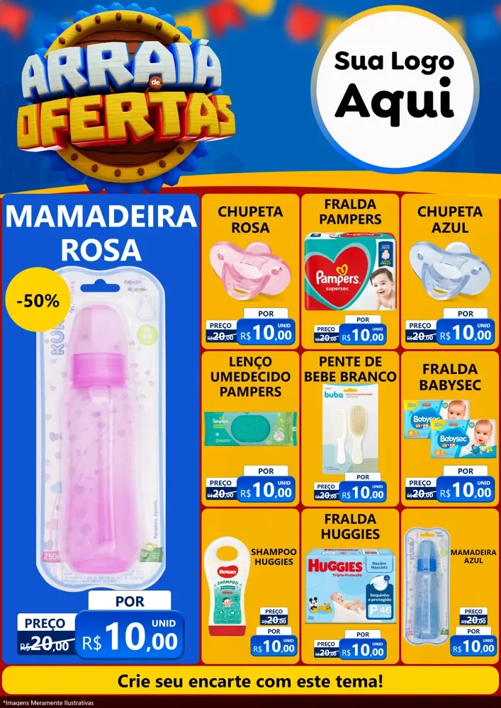 Modelo de Encarte para Encarte A4 Vertical com o tema Arraiá de Ofertas - Junina para Bebês