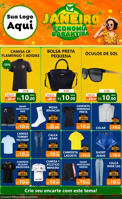 Modelo de Encarte para Encarte Grande com o tema Janeiro - Economia Garantida para Roupas e acessórios