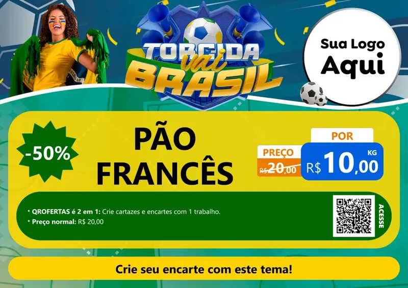 Modelo de Cartaz para Cartaz A4 Horizontal com o tema Torcida Vai Brasil - Copa para Padaria