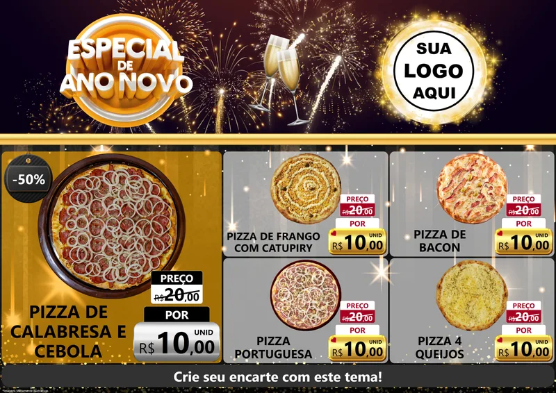 Modelo de Encarte para Encarte A4 Horizontal com o tema Especial de Ano Novo para Pizzaria